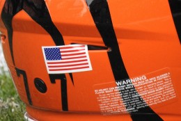A general view of the warning sticker and helmet of Cleveland Browns guard John Greco prior to an NFL football game against the Cincinnati Bengals Sunday, Dec. 6, 2015, in Cleveland. Cincinnati won 37-3. (AP Photo/David Richard)