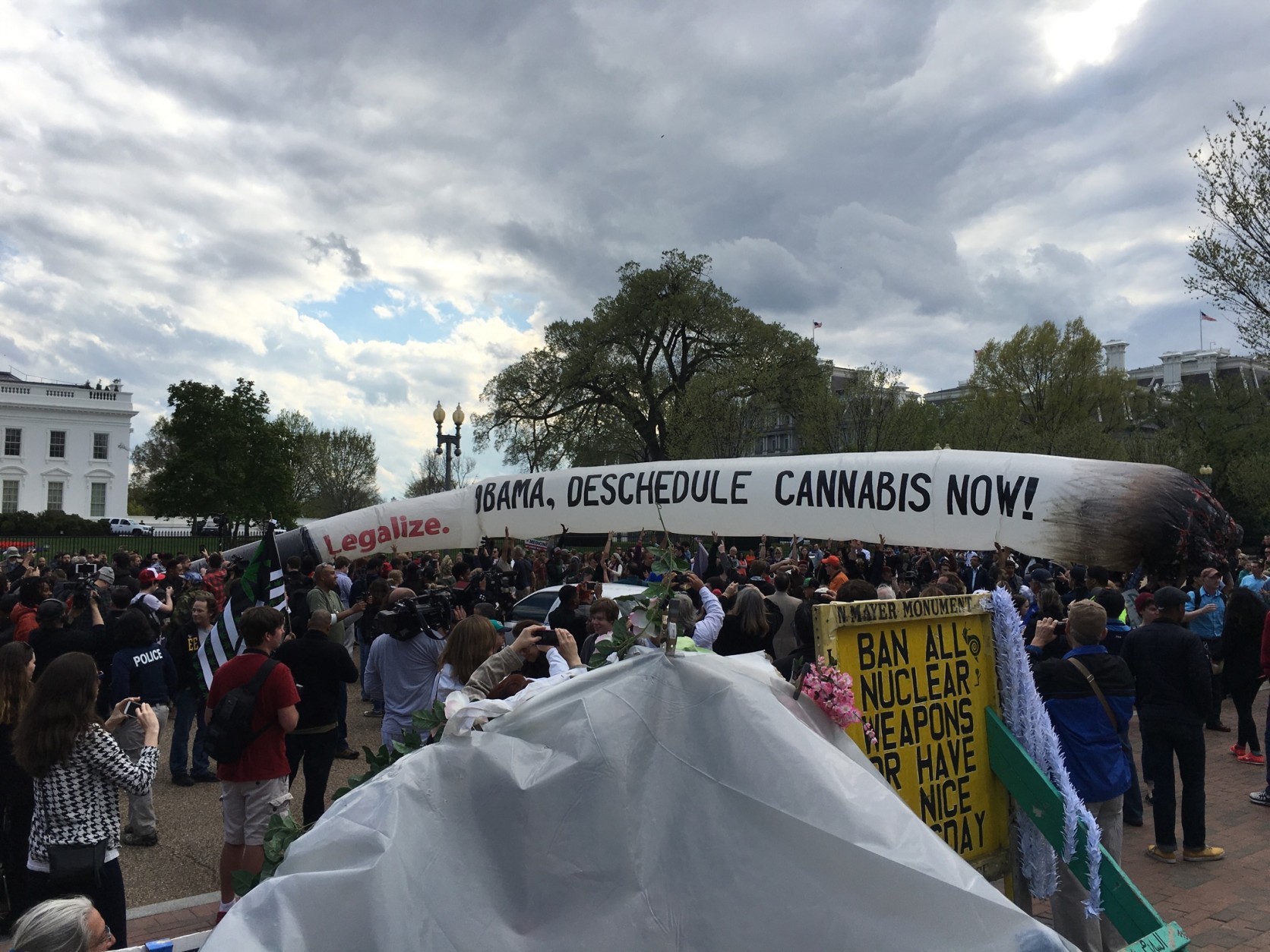 Pro-marijuana activists outside the White House on Saturday, March 2, 2016 were ordered by police to fold up this 51-foot inflatable "joint," due to a security risk. (Photo courtesy Josh Godaire)