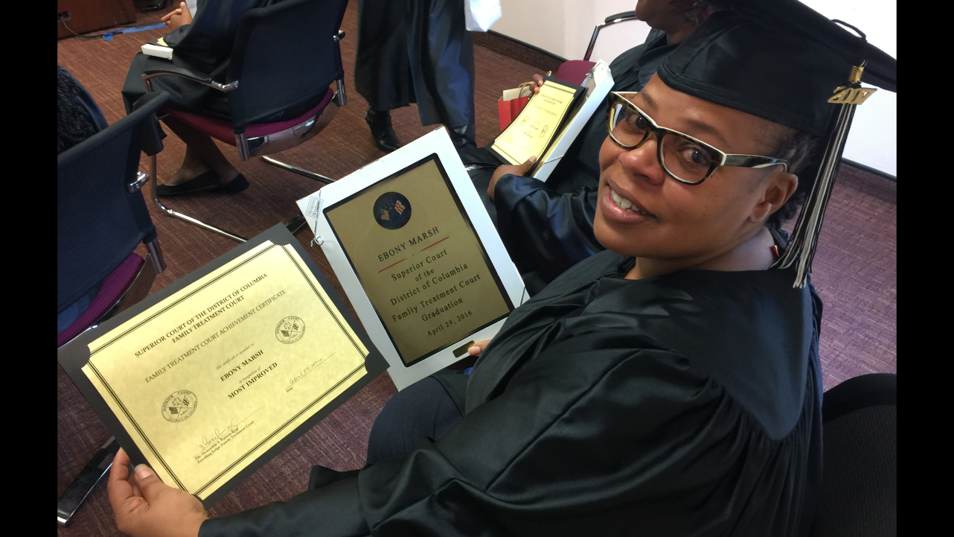 "Miss [Ebony] Marsh was a spitfire. She came into Family Treatment Court honest about her own process, she was honest about what it took to get her here, she was honest with us about the fact that she didn't know whether this would work, but she'd try it," said Dr. Sariah Beatty, Coordinator, Family Treatment Court. "We are proud to say that Miss Marsh is our 'Most Improved' graduate." (WTOP/Kristi King)