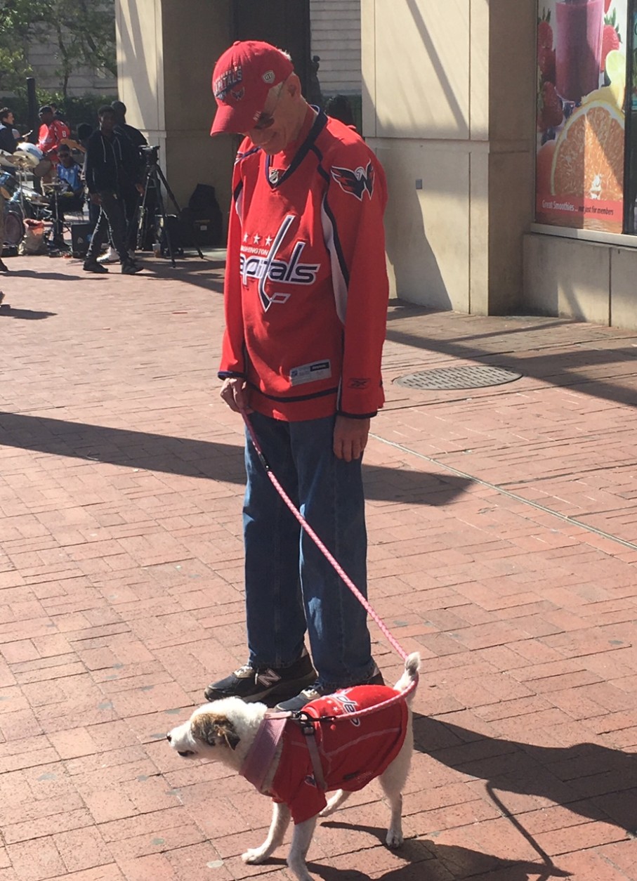 These two Caps fans were ready for Game 1 near the Verizon Center on April 14, 2016. (WTOP/Alan Etter)