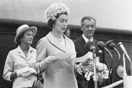 Queen Elizabeth II opens the new Snape Maltings Concert Hall, at the start of the twentieth Aldeburgh Festival, Suffolk, 2nd June 1967.  On the right is English composer and founder of the Aldeburgh Festival, Benjamin Britten (1913 - 1976). (Photo by Peter Dunne/Daily Express/Hulton Archive/Getty Images)