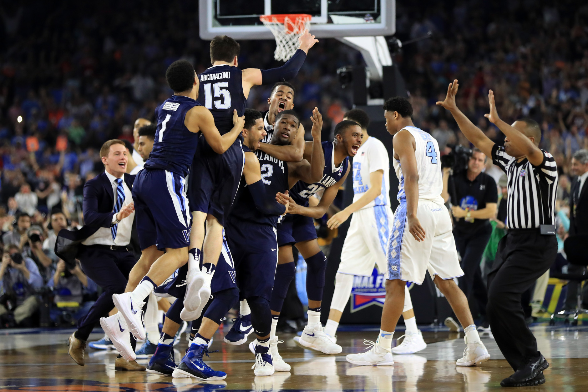 HOUSTON, TEXAS - APRIL 04:  The Villanova Wildcats celebrate defeating the North Carolina Tar Heels 77-74 to win the 2016 NCAA Men's Final Four National Championship game at NRG Stadium on April 4, 2016 in Houston, Texas.  (Photo by Ronald Martinez/Getty Images)