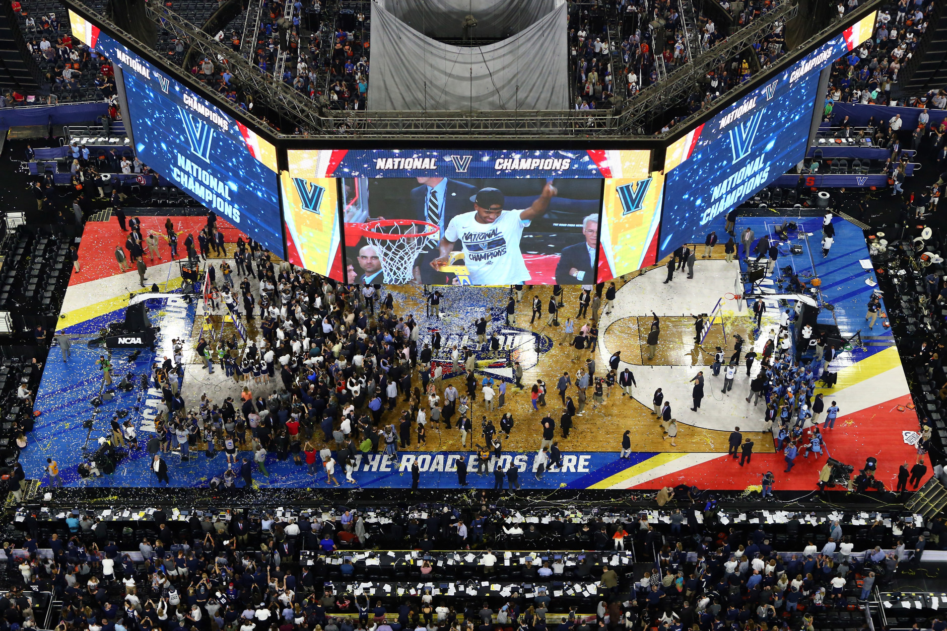HOUSTON, TEXAS - APRIL 04:  A general view as the Villanova Wildcats celebrate defeating the North Carolina Tar Heels 77-74 to win the 2016 NCAA Men's Final Four National Championship game at NRG Stadium on April 4, 2016 in Houston, Texas.  (Photo by Ronald Martinez/Getty Images)