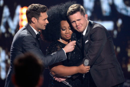 American Idol Season 15 winner Trent Harmon (R), host Ryan Seacrest (L) and finalist La'Porsha Renae speak onstage during FOX's 'American Idol' Finale For The Farewell Season at Dolby Theatre on April 7, 2016 in Hollywood, California. at Dolby Theatre on April 7, 2016 in Hollywood, California. (Photo by Kevork Djansezian/Getty Images)