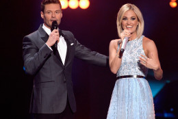 Host Ryan Seacrest (L) and recording artist Carrie Underwood speak onstage during FOX's 'American Idol' Finale For The Farewell Season at Dolby Theatre on April 7, 2016 in Hollywood, California. at Dolby Theatre on April 7, 2016 in Hollywood, California. (Photo by Kevork Djansezian/Getty Images)