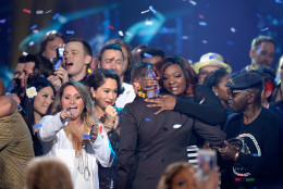 American Idol Season 15 winner Trent Harmon celebrates with Season 15 cast onstage during FOX's 'American Idol' Finale For The Farewell Season at Dolby Theatre on April 7, 2016 in Hollywood, California. at Dolby Theatre on April 7, 2016 in Hollywood, California. (Photo by Kevork Djansezian/Getty Images)