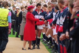 England captain Will Carling introduces Queen Elizabeth to the England team before the Rugby World Cup Final against Australia at Twickenham, 2nd November 1991. Australia won the match 12-6.  (Photo by Russell Cheyne/Getty Images)