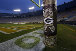 The NFL's Salute to Service logo is seen on the goal post before of an NFL football game between the Green Bay Packers and the Chicago Bears Sunday, Nov. 9, 2014, in Green Bay, Wis. (AP Photo/Mike Roemer)