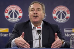 Washington Wizards basketball President Ernie Grunfeld speaks during a news conference at the Verizon Center in Washington, Thursday, April 14, 2016. Grunfeld announced that Randy Wittman will not be back as head coach of the Wizards after failing to reach the playoffs this season. (AP Photo/Pablo Martinez Monsivais)