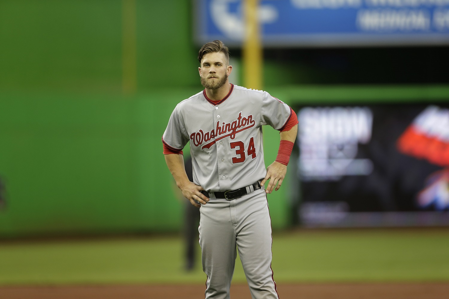 Washington Nationals' Bryce Harper during the inning of a MLB baseball game in Miami, Wednesday, April 17, 2013 against the Miami Marlins. (AP Photo/J Pat Carter)
