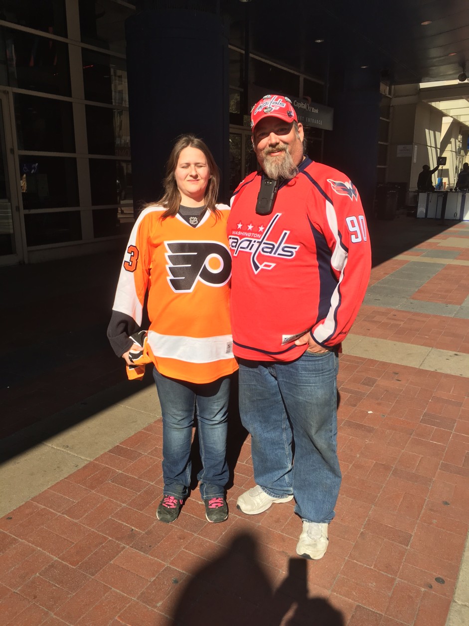 Ed and Christie Smith, from Shippensburg, Pennsylvania, are seen here ready for Game 1 on April 14, 2016. (WTOP/Alan Etter)
