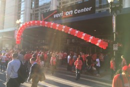 Capitals fans gather outside the Verizon Center ahead of Game 1 on April 14, 2016. (WTOP/Alan Etter)