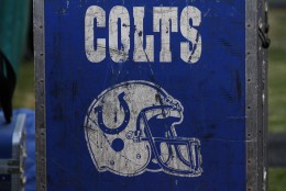 Indianapolis Colts logo on an equipment case on the sideline during an NFL football game between the Philadelphia Eagles and the Indianapolis Colts, Sunday, Nov. 7, 2010 in Philadelphia. The Eagles won 26-24. (AP Photo/Matt Slocum)