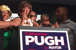 Catherine Pugh, a three-term state senator who owns a public relations firm, celebrates Tuesday, April 26, 2016, in Baltimore after winning the democratic nomination in Baltimore’s mayoral race. (AP Photo/Juliet Linderman)
