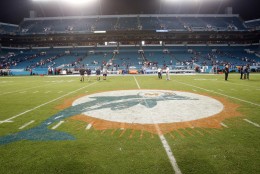 The Miami Dolphins original logo is painted on Sun Life Stadium during an NFL football game against the New York Giants, Monday, Dec. 14, 2015, in Miami Gardens, Fla.  (AP Photo/Wilfredo Lee)