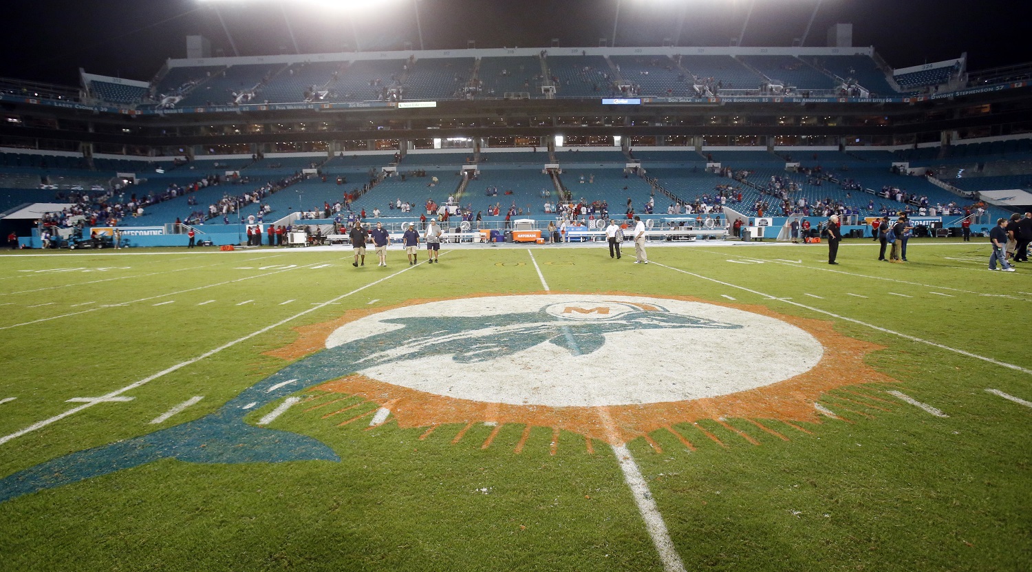 The Miami Dolphins original logo is painted on Sun Life Stadium during an NFL football game against the New York Giants, Monday, Dec. 14, 2015, in Miami Gardens, Fla.  (AP Photo/Wilfredo Lee)