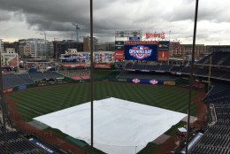 Clouds threaten in a  view from the press box at Nationals Park April 7, 2016. (WTOP/George Wallace)