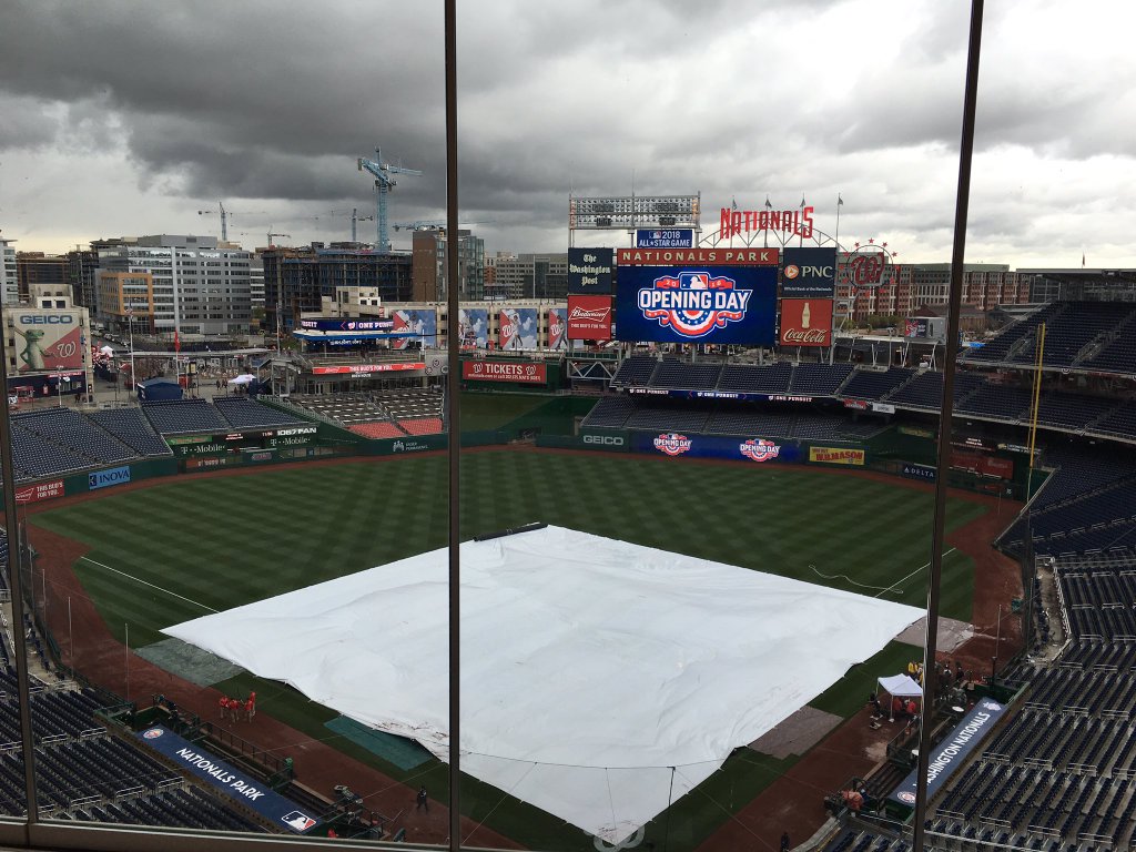 Clouds threaten in a  view from the press box at Nationals Park April 7, 2016. (WTOP/George Wallace)