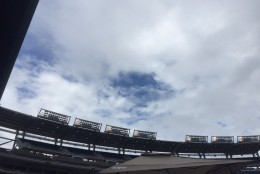 A break in the clouds at Nationals Park April 7, 2016. (WTOP/Dennis Foley)
