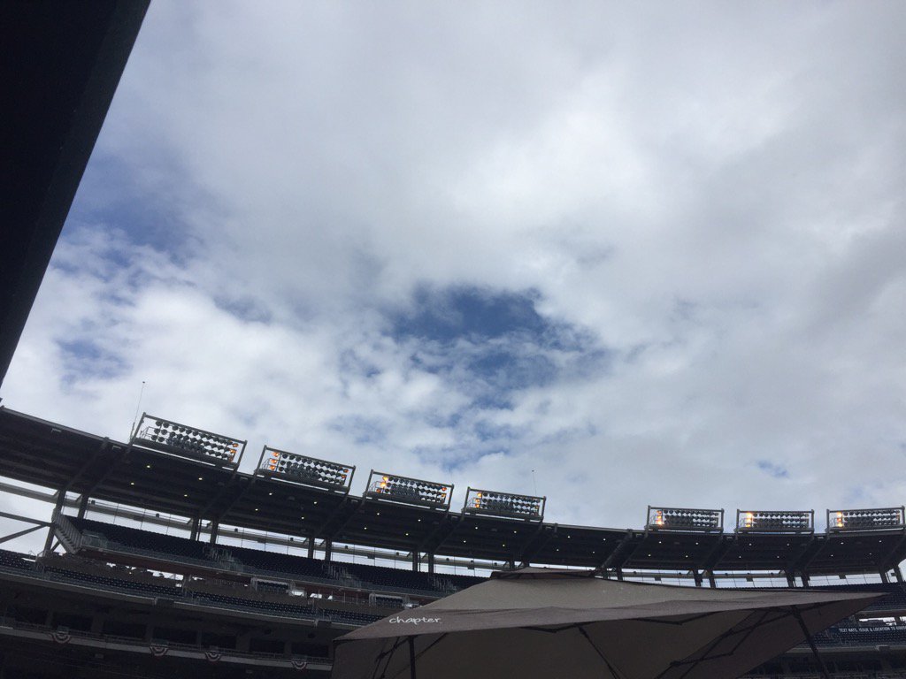 A break in the clouds at Nationals Park April 7, 2016. (WTOP/Dennis Foley)