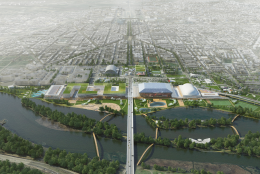 A rendering of the North-South Axis Plan for the RFK Stadium site in a view from the east. (Copyright OMA/Rendering by Robota)