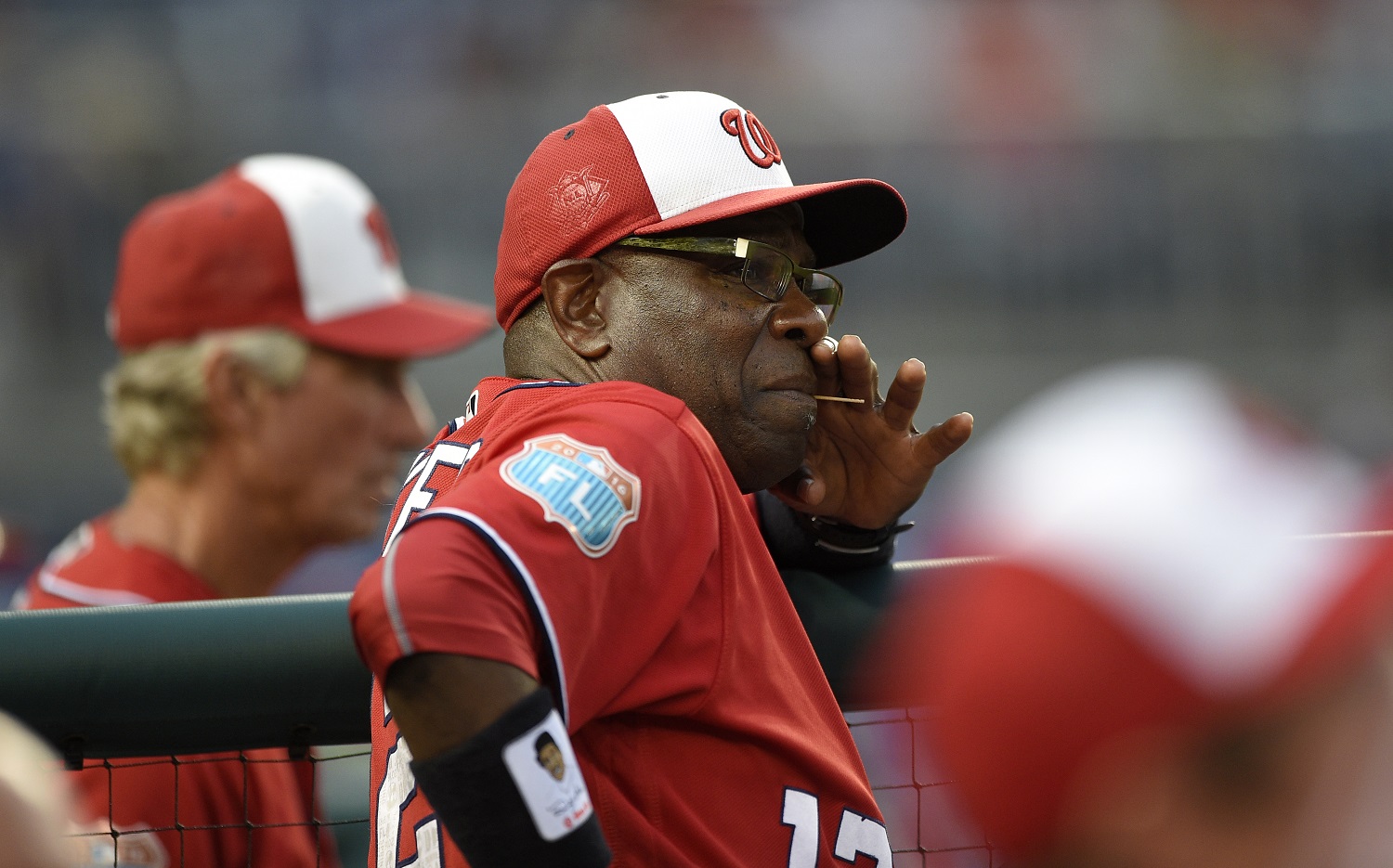 Washington Nationals manager Dusty Baker looks on during the fourth inning of an interleague exhibition baseball game against the Minnesota Twins, Friday, April 1, 2016, in Washington. The Nationals won 4-3. (AP Photo/Nick Wass)