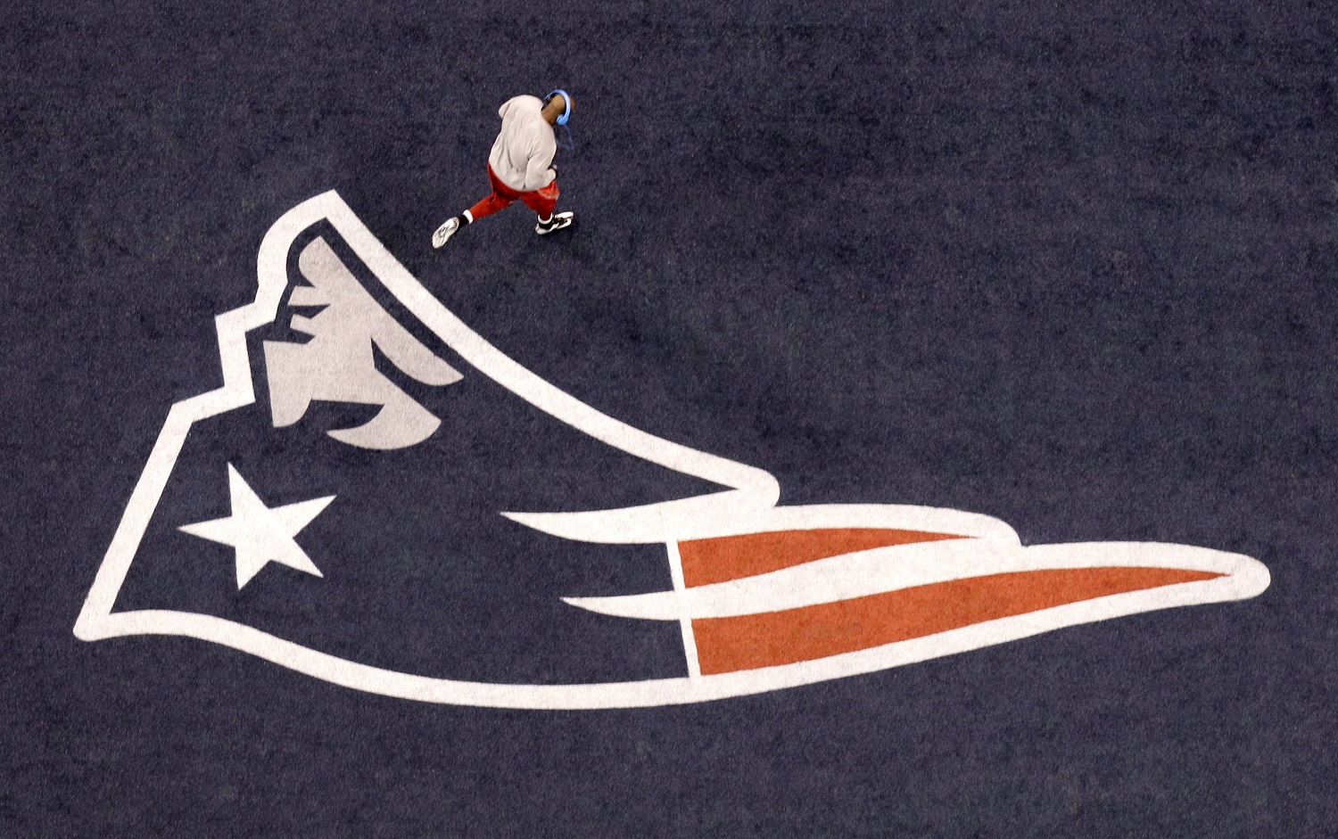 A New England Patriots logo is seen before the NFL Super Bowl XLVI football game between the New York Giants and the New England Patriots Sunday, Feb. 5, 2012, in Indianapolis. (AP Photo/David J. Phillip)
