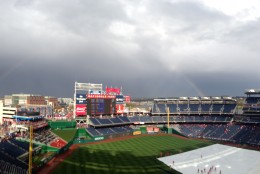 A rainbow  graces Nationals Park, following a rain delay during the 2016 home opener. (WTOP/Samantha Loss)