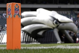 The goal line marker with the NFL logo supporting the NFL's Salute to Service is seen on the field before an NFL football game between the Philadelphia Eagles and the Washington Redskins in Philadelphia, Sunday, Nov. 17, 2013. (AP Photo/Matt Rourke)
