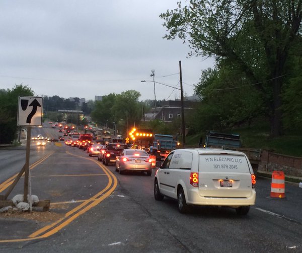 Traffic is jammed on the southbound Rockville Pike after a water main break. (WTOP/Nick Iannelli)