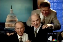 Sportscaster George Michael and meteorologist Bob Ryan say goodbye to Arch Campbell during his final show at NBC-4. (YouTube)