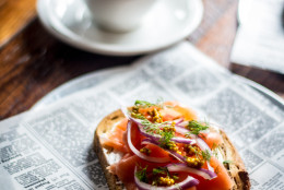 The Den's smoked salmon and dill toast is served withed whipped cream cheese, shaved red onion and pickled mustard seed on marble rye. (Photo by Farrah Skeiky)
