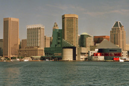 The Baltimore skyline and Inner Harbor are seen in this file photo. The Baltimore area's unemployment rate has fallen to its lowest level since before the recession. (AP Photo/Carlos Osario)