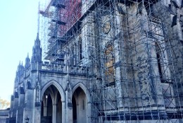 Scaffolding went up around Easter, to prepare for Phase II of the National Cathedral's restoration. (WTOP/Neal Augenstein)