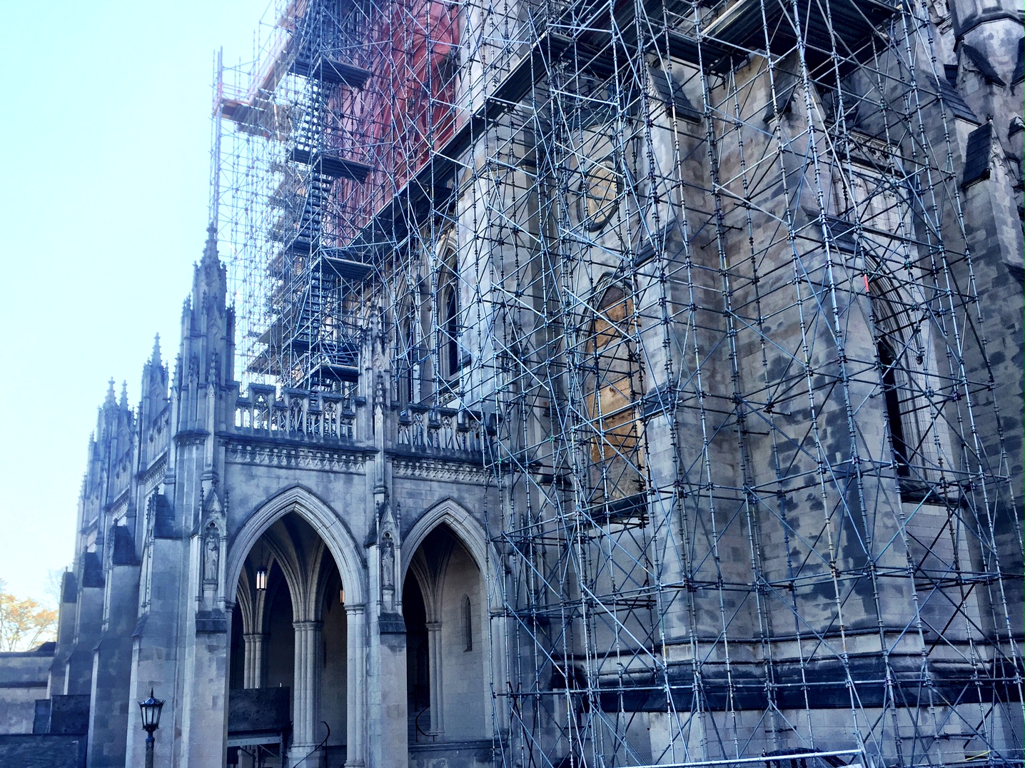 Scaffolding went up around Easter, to prepare for Phase II of the National Cathedral's restoration. (WTOP/Neal Augenstein)
