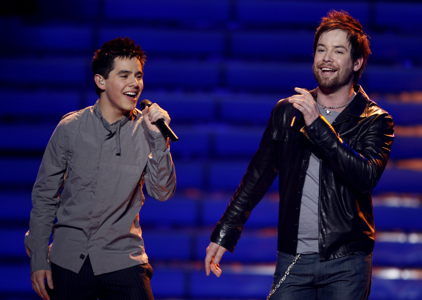 David Cook, right, and David Archuleta perform during the opening act of the season finale of American Idol on Wednesday May 21, 2008, in Los Angeles. (Mark Mainz/AP Images for Fox)