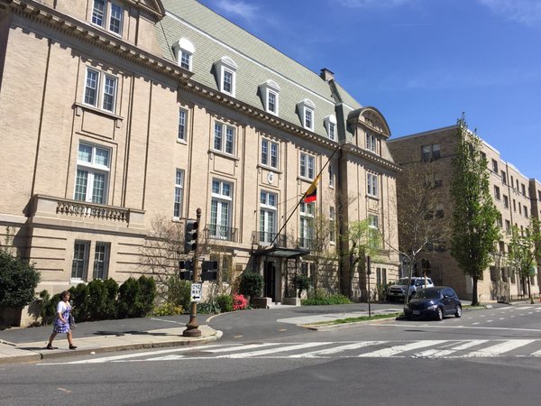 Flags are at half staff at the Embassy of Ecuador. (WTOP/Kristi King)