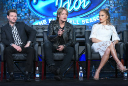 Ryan Seacrest, from left, Keith Urban and Jennifer Lopez participates in the "American Idol" panel at the Fox Winter TCA on Friday, Jan. 15, 2016, Pasadena, Calif. (Photo by Richard Shotwell/Invision/AP)