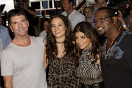 ** FILE ** In this Aug. 26, 2008 file photo, "American Idol" judges, from left, Simon Cowell, Kara DioGuardi, Paula Abdul and Randy Jackson arrive at a promotional event for the show in New York. (AP Photo/Jason DeCrow, file)