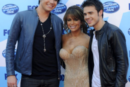 "American Idol" finalists Adam Lambert, left, and Kris Allen, right, pose with judge Paula Abdul before the "American Idol" finale in Los Angeles, Wednesday, May 20, 2009. (AP Photo/Chris Pizzello)