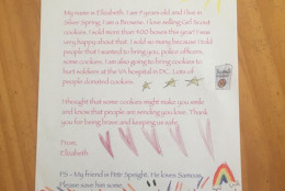The thank you letter Elizabeth Barry brought to the 3rd District police station. (Courtesy Katherine Barry)