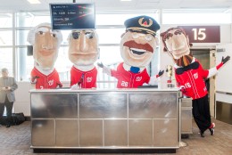 Delta Air Lines, the newly named Official Airline of the Washington Nationals, welcomed four of the team’s popular Washington Nationals Racing Presidents to Ronald Reagan National Airport on Monday, April 4 to celebrate their new partnership with the team.  The presidents -- George, Abe, Tom and Teddy – greeted and helped to board Delta customers on a departing flight to Atlanta, and gifted team giveaways, signed team merchandise and tickets to Nationals’ and Braves’ games. (Courtesy of Delta Air Lines)