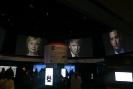 Visitors can use interactive big-screen displays that show real-time data about what is being said about the candidates on social media, blogs and in traditional media. (WTOP/John Aaron)