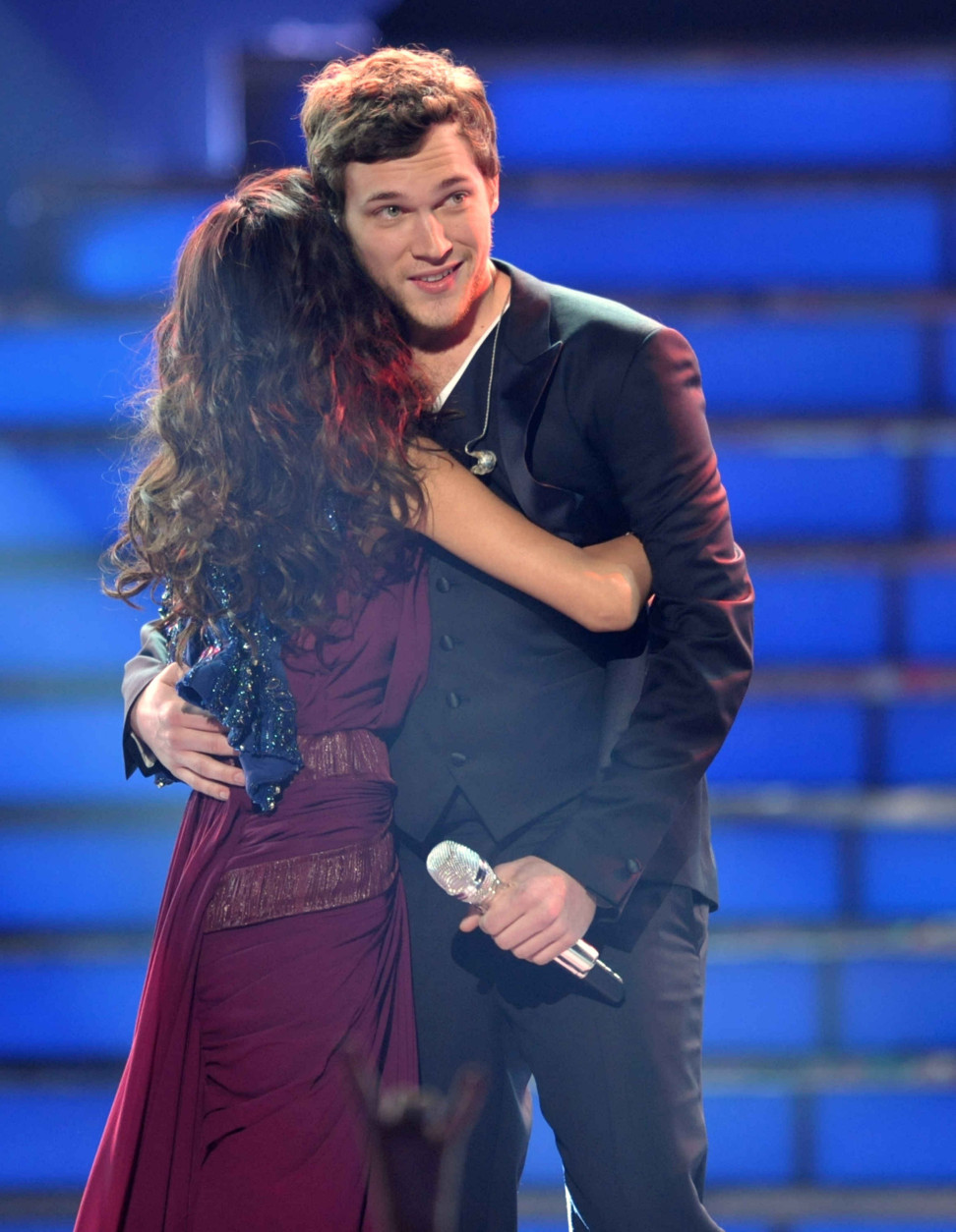 Runner-up Jessica Sanchez, left, congratulates winner Phillip Phillips onstage at the "American Idol" finale on Wednesday, May 23, 2012 in Los Angeles. (Photo by John Shearer/Invision/AP)