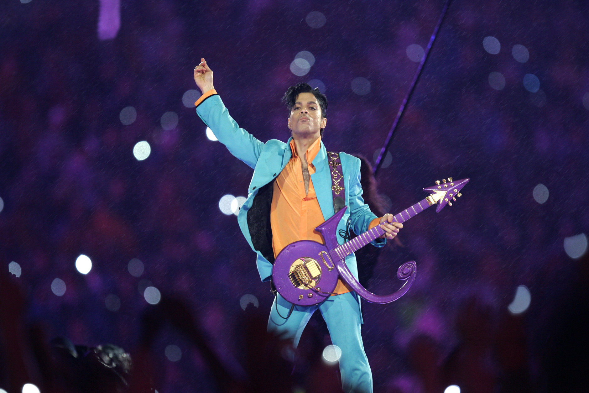 Prince performs during the halftime show at the Super Bowl XLI football game at Dolphin Stadium in Miami on Sunday, Feb. 4, 2007. (AP Photo/Chris O'Meara)