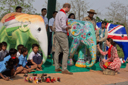 Britain's Prince William and his wife, Kate, the Duchess of Cambridge give finishing touch of paint on a statue of elephant at the Centre for Wildlife Rehabilitation and Conservation (CWRC) at Panbari reserve forest in Kaziranga, east of Gauhati, northeastern Assam state, India, Wednesday, April 13, 2016. The royal couple spent several hours at the Kaziranga National Park in hopes of drawing attention to the plight of endangered animals, including the park's 2,200-population of a rare, one-horned rhinos. (AP Photo/Anupam Nath)