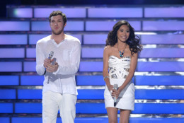 Finalists Phillip Phillips, left, and Jessica Sanchez appear onstage at the "American Idol" finale on Wednesday, May 23, 2012 in Los Angeles. (Photo by John Shearer/Invision/AP)