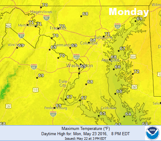 This graphic is the National Weather Service forecast for high temperatures Monday. We will go from cool, damp weather to summerlike warmth with a few days of transition in the middle of the week. (National Weather Service/NOAA)