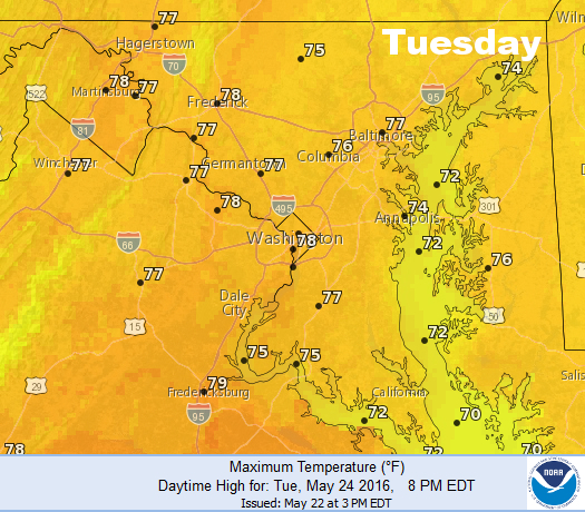 This graphic is the National Weather Service forecast for high temperatures Tuesday. We will go from cool, damp weather to summerlike warmth with a few days of transition in the middle of the week. (National Weather Service/NOAA)