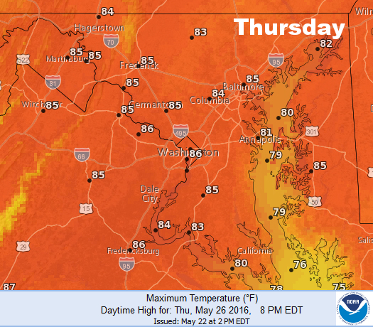 This graphic is the National Weather Service forecast for high temperatures Thursday. We will go from cool, damp weather to summerlike warmth with a few days of transition in the middle of the week. (National Weather Service/NOAA)